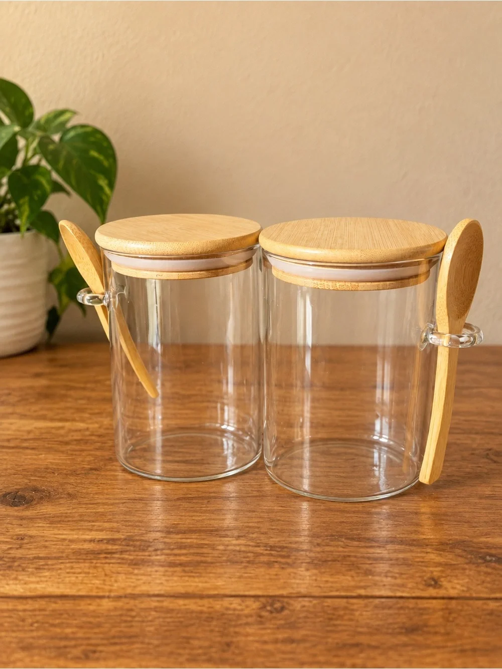 Clear Glass Storage Jars with Bamboo Lids and Spoons - Natural Set of 4